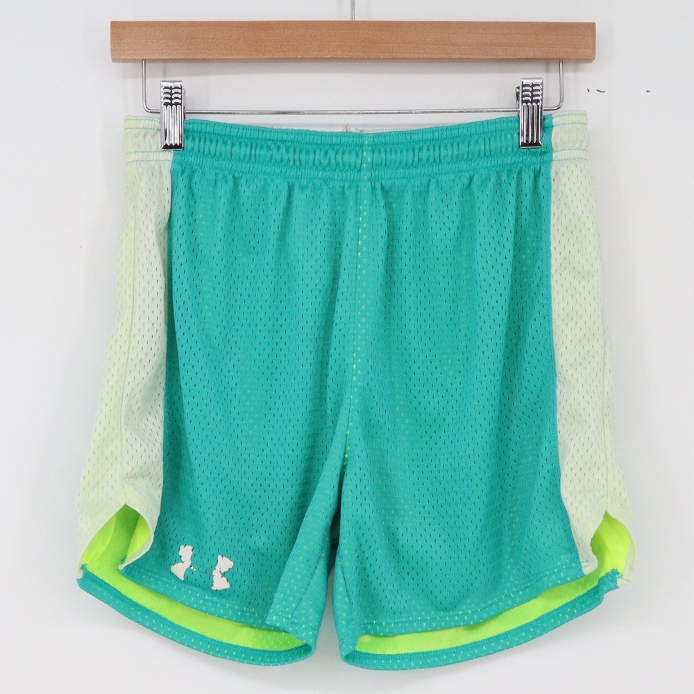 Under Armour Shorts Women S Mesh Colorblock Teal Yellow Neon Green Sporty Good